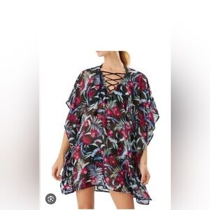 Tommy Bahama Sheer Floral Kimono Cover Up Tassel Tie Black L XL
